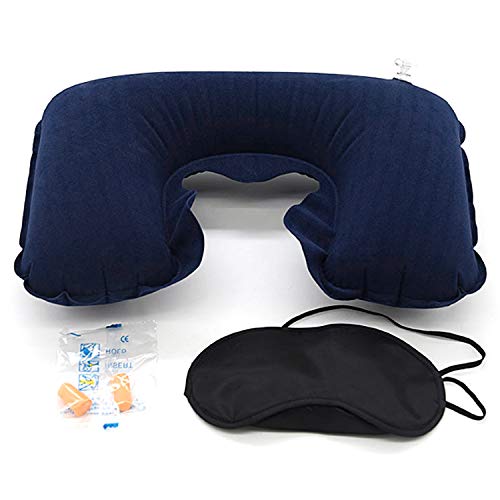 Preisvergleich Produktbild zanasta 3in1 Schlaf Reise Zubehör Set / Schlafmaske, Ohrstöpsel und Nackenkissen (aufblasbar) für Flug Auto und Camping Urlaub, Blau