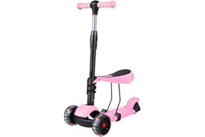 GROWAYSTORY Kinderroller ab 2 Jahren, Roller Kinder mit Sitz, Kinder Roller mit LED Leuchtenden Rädern, Höhenverstellbare Kinderroller, Rosa