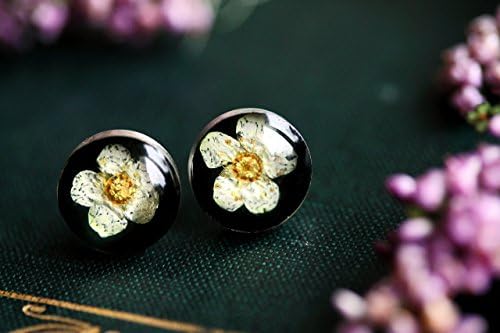 White Stud Earrings, Real Flower Jewellery, Sterling Silver