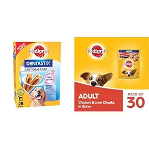 Pedigree Dentastix Large Breed (25 kg+) Oral Care Dog Treat (Chew Sticks) (28 Sticks) 1.08kg and Adult Wet Dog Food, Chicken & Liver Chunks in Gravy, 2.1 Kg (70 g x Pack of 30)