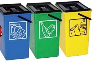 HELGUEFER - Pack 3 Cubos de Basura de Reciclaje 15L con Tapa y Asa | Cubo de Reciclaje 20 x 28 x 34 cm | Resistente, Amplio, Fácil de Limpiar | Para Cocina, Patio o Negocio