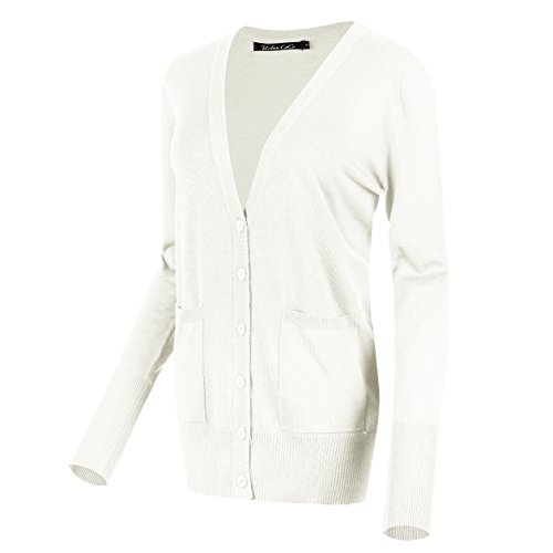 Urban GoCo Mujeres Chaqueta de Punto Básico de Manga Larga con Botones Rebecas Cárdigan (XL, Blanco)