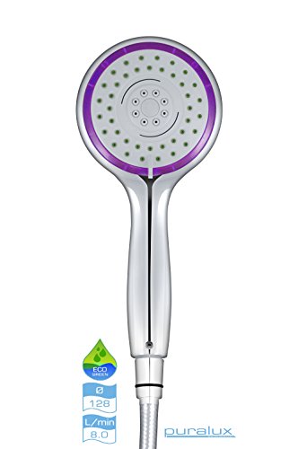 Puralux ECO 170 Purple - Wassersparender Duschkopf mit 3 Strahlarten. Das Venturiprinzip reichert das Duschwasser mit Sauerstoff an und sorgt so für ein erfrischendes Duscherlebnis mit einem dennoch kraftvollen Strahl & senkt dabei auch noch Wasser- und Heizkosten um bis zu 70% (jenach bestehenden Druckverhältnissen)