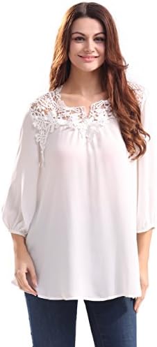 VITINAS Womens White Casual Lace Sheer Loose Shirt Cotton Summer Blouse Tops