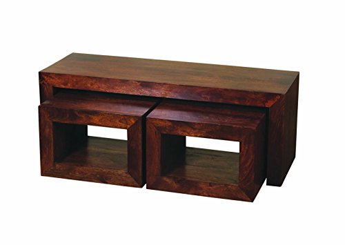 Homescapes Dakota Long John Coffee Table with 2 Cubes Dark 100% Solid Mango Hardwood Living Room Furniture