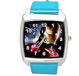 Taport® Iron Man Quarz-Armbanduhr, quadratisch, blaues Echtleder-Armband, inklusive Ersatzakku und Geschenkbeutel