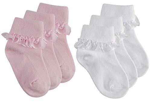 Tick Tock Pack of Baby Girls Cotton Rich Frilly Lace Top Socks 3 Pink & 3 White 0-0