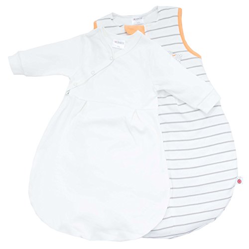 Ganzjahres Baby-Schlafsack 2-teilig – Langarm-Innensack & gefütterter Außensack | Temperaturen von 15 bis 30°C | Streifen Beige Schäfchen | Birnenform ohne störende Rücken-Nähte (1-12 Monate) - 2