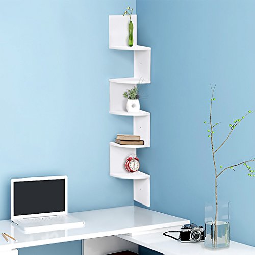 Finether weißes Eck-Wandregal Zickzackregal Hängeregal Wand-Eckregal Ecke Wandablage aus MDF-Holz für Ablage von Dekoartikel Fotorahmen Bücher Deko Regal in Lounge Wohnzimmer unsichtbare Wandmontage Zickzack 5 Böden weiß - 3