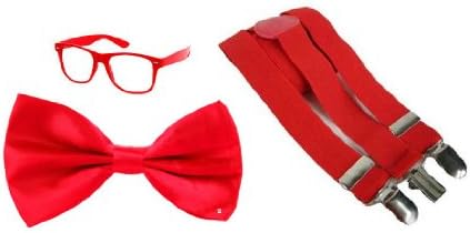 Mens Ladies red NERD GEEK DWEEB SCHOOL GIRL BOY fancy dress costume accessories - GLASSES, BOW TIE, BRACES.