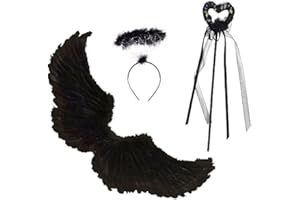 HIQE-FL Engel Flügel,Federflügel Engel,Schwarz Engelsflügel Deko mit heiligenschein und Zauberstab,Schwarz Engel Kostüm Damen,Party Fasching Kostüme,Kostümparty Verkleidung