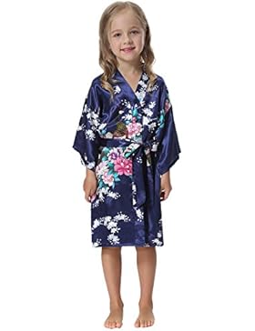 Aibrou Mädchen Morgenmantel Kimono Satin Nachtwäsche Bademantel für Kinder mit Blumenmuster