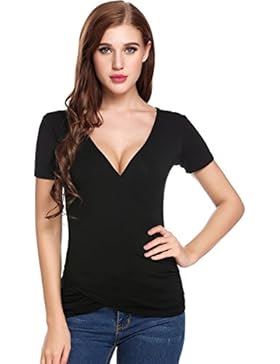 Beyove Damen Sexy V-Ausschnitt Wickelshirt Kurzarm/Langarm Slim Fit Shirt Bluse Obertail mit Rüschen