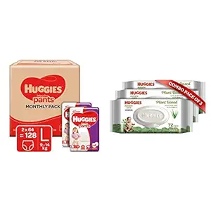Huggies Wonder Pants Diapers Monthly Pack, Large (128 Count) & Huggies Baby Wipes - Cucumber & Aloe, Pack of 3 (216 Wipes)