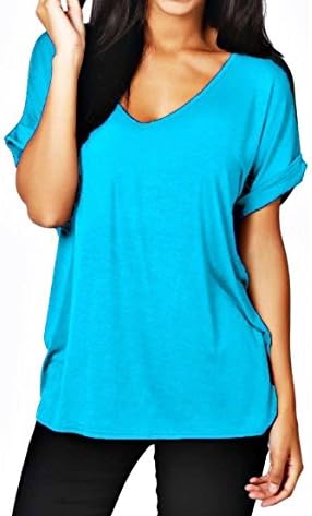 New Ladies Women V Neck Turn Up Short Sleeve Baggy T-Shirt Top Plus Size UK 8-26 (20-22, Turquiose)