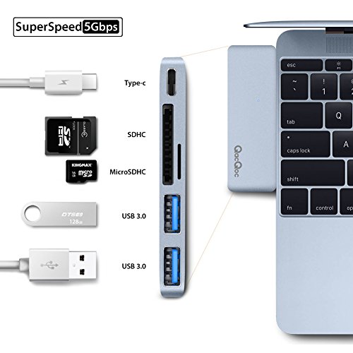 GN21B Typ-C Hub USB C Adapter mit 1 USB-C Anschluss (Stromversorgung), 1 SD-Karte Steckplatz, 1 Mikro-SD Steckpatz und 2 Superspeed USB 3.0 Ports Aluminiumgehäuse geeignet für MacBook, MacBook Pro, Google Chromebook, Hua Wei Matebook (Grau) - 2