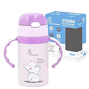 R For Rabbit Steebo Elephant Stainless Steel Baby Sipper Bottle for Kids age 3 months to 18 months, Twin Handle Sipper Bottle with Silicon Straw Anti Slip Drinking Sippy Cup for Baby Boy and Girl - Purple(300ml)