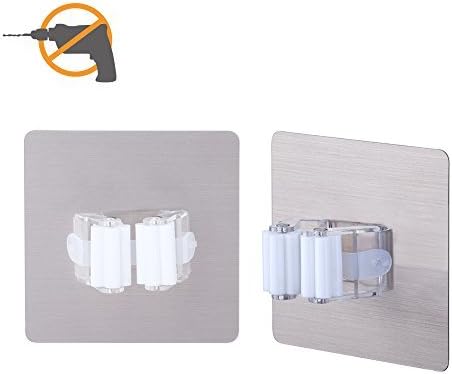 Broom Mop Holder LAUNGDA Wall Mount Tools Storage Home Organization Shelving Ideas Self Adhesive Clip Grip Pack of 2