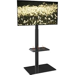 Meuble Télé Pied Support Pivotant pour TV Ecran de 19 à 42 Pouces LED LCD Plasma avec 2 Etagères en Verre Trempé