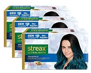 Streax Ultralights Highlighting Kit For Women & Men | Contains Walnut & Argan Oil | Shine On Conditioner | Longer Lasting Highlights | Gem Collection - Blue Sapphire, 120 ml (Pack of 3)