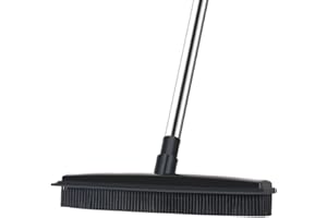 Landhope Rubber Broom Indoor Sweeper with Squeegee Edge & 50 inch Adjustable Thickened Handle Non Scratch Soft Bristle, Outdoor Broom for Pet Cat Dog Hair Carpet Kitchen Window Cleaning Black Upgrade