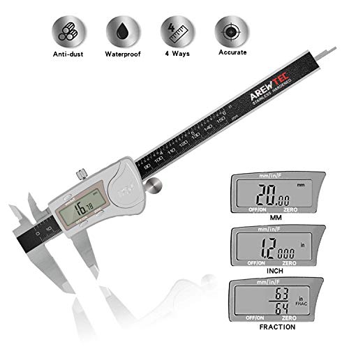 AREWTEC Calibre Digital, Pie de Rey, 150mm Impermeable IP54, 3 Unidades: Pulgada/Fracción/Métrico, DCP15A Calibrador Acero Inoxidable, Diámetro Interior, Exterior, Profundidad y Longitud, LCD Pantalla