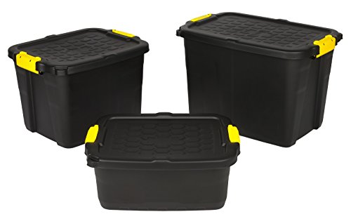 Robuste Transport- und Lagerbox „TOUGH“ in Schwarz mit gelben Clips. Nutzvolumen von ca. 42 Liter. Stapelbar und nestbar. Maße BxTxH in cm: 50 x 40 x 35 - 2