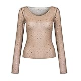 iHENGH Neujahrs Karnevalsaktion Damen Herbst Winter Bequem Lässig Mode Frauen Solide Langarm Oansatz Stern T Shirt Perspektive Bluse Lose Tops(L,Gold)