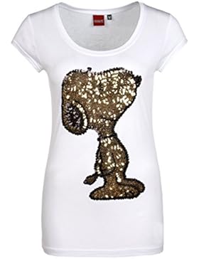 Sublevel Damen T-Shirt mit Snoopy aus Pailletten Comic Shirt kurz mit rundhals Ausschnitt und Logo Print