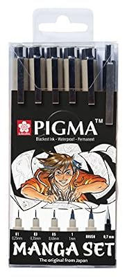 Sakura Pigma MANGA Set de 6 - Micron, graphique, pinceau et crayon mécanique (6 stylos, noir)