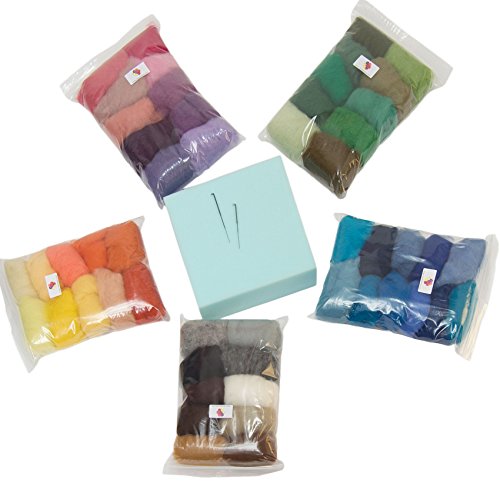 Nadelfilzen Starter Kit Große: 50 Farben Wolle, Nadeln, Schaumstoff - Unterlage zum Filzen, Anweisungen. Kardierte Nadel Filzen Wolle, 500 g/17 Oz