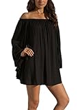 ZANZEA Women's Sexy Summer Casual Chiffon Long Sleeve Off Shoulder Beach Mini Top Dress Black XL