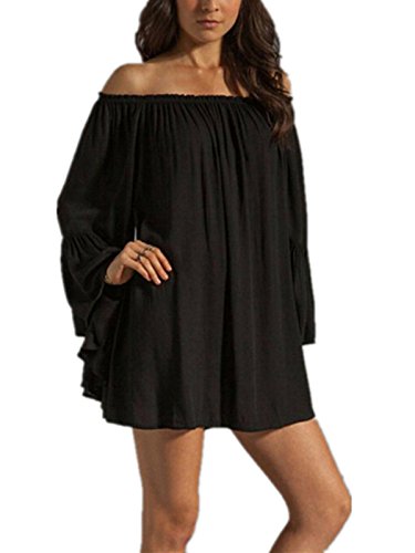 ZANZEA Women's Sexy Summer Casual Chiffon Long Sleeve Off Shoulder Beach Mini Top Dress Black XL