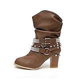  Stiefeletten Damen mit Absatz, Leder High Heels Stiefel Warm Gefüttert Blockabsatz Winterschuhe Mode Elegante Kurzschaft Boots 8Cm Schwarz Grau Braun Gr.35-43 BR38