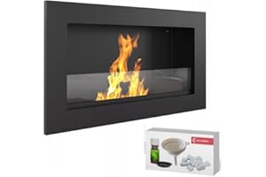 KRATKI Golf Camino a bioetanolo per interni + Ciottoli + Imbuto + Set per aromaterapia Biocontenitore a parete 0,2 l Acciaio verniciato a polvere certificato TÜV con vetri 36 x 62 cm