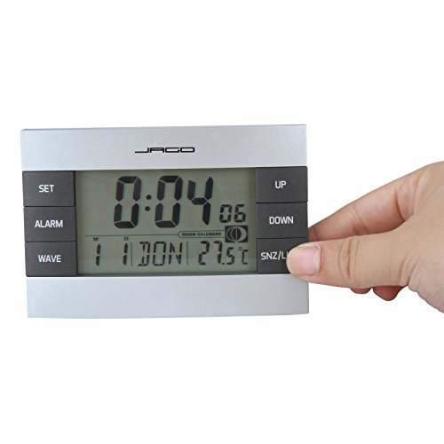 Jago Funkwecker mit Mondkalender und Temperaturanzeige mit LCD-Display in 7 verschiedenen Sprachen inkl. Snooze-Funktion und Datums- Wochentaganzeige - 4