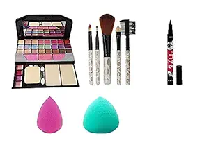 Womens & Girls TYA Fashion 6155 Multicolour Makeup Kit and 5 White LightWeight Makeup Brushes Set, 1 36H Waterproof Liquid Eyeliner with 2 Pink Beauty Blenders - (Pack of 9)