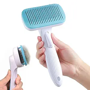 PETDOM Self Cleaning Slicker Brush with Cover - Cat Dog Grooming Brush for Shedding - Gently Remove Loose Undercoat, Mats & Tangled Hair (Blue)