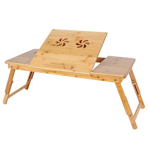 Songmics Laptoptisch Notebooktisch für Links- und Rechtshänder Bambus mit Kühler Lüfter 72 x 35 x 29 cm höhenverstellbar Faltbare Betttisch Notebook Lese Tisch LLD005