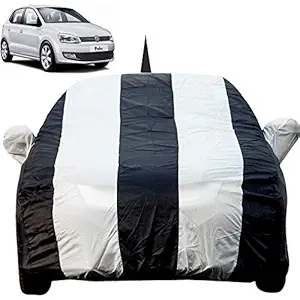 Autofact Car Body Cover for Volkswagen Polo with Mirror and Antenna Pocket (Light Weight, Triple Stitched, Heavy Buckle, Bottom Fully Elastic, White Stripes with Navy Blue Color )