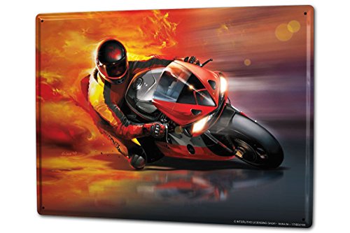 Blechschild XXL Motorrad Garage Rennfahrer Flammen