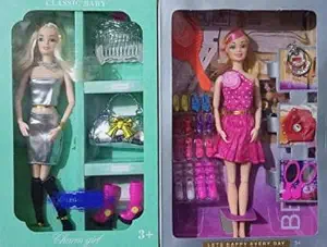 Aenon Fashion Plastic Made Pack of 2 Movable Fashion Doll Set for Small Girls with Hand Bag |Colored Hair |Beautiful Dress |Folding Hands |Removable Shoes