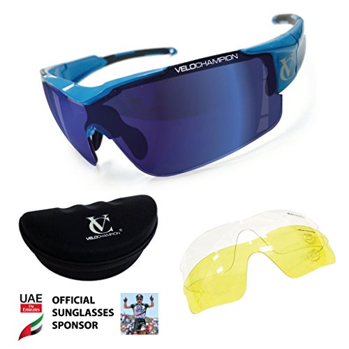 Velochampion, Vortex, occhiali da sole, montatura blu con lenti blu/gialle/trasparenti, custodia inclusa