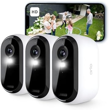 Arlo Essential HD Telecamera WiFi Esterno Senza Fili, Telecamera WiFi Interno, Sirena Allarme Casa, Sensore Di Movimento, Visione Notturna A Colori, Prova Inclusa Arlo Secure, 3 Telecamere, Bianche