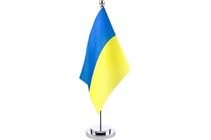 CACACOOK Ukraińska flaga na stół 5,5" x 8,3" Ukraińska flaga na stół Ukraina z prętem i cokołem Sale konferencyjne w domowym biurze, 14 x 21 cm