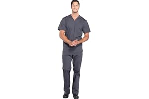 Cherokee Scrub Set for Men from, 4 Pocket V-Neck Scrub Top WW695 with 5 Pocket Tapered Leg Fly Front Cargo Pant WW190