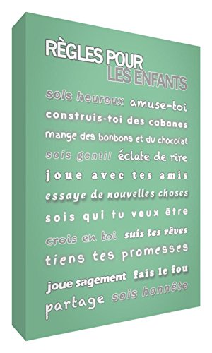 Feel Good Art Gallery Wrapped Box Canvas in Modern Typographic French Design (91 x 60 x 4 cm, soft Green, Regles Des Enfants)