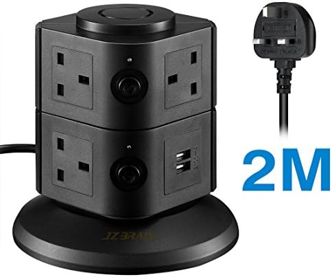 JZBRAIN Vertical Extension lead Tower Power Strip Surge Protection with 7 Way Outlets and 2 USB Ports 2M/6.5ft Extension Cord (Black)