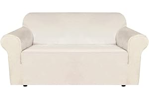 BellaHills Stretch Velvet Sofa Covers for 2 Cushion Couch Covers Sofa Slipcovers with Non Slip Straps Underneath The Furniture, Crafted from Thick Comfy Rich Velour (2 Seater, Ivory)