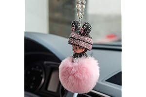SYSUII Rückspiegel Ornament, Bling Strass Anhänger, Süße Puppe Plüsch Ball, Niedlich Auto Spiegel Anhänger, Innen Dekoration, Geschenke für Frauen & Männer - Rosa